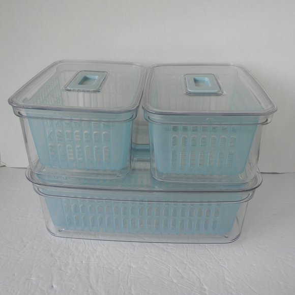 NEW c e ll a 3-Piece Vented Refrigerator Fresh Produce Keepers CONTAINERS BLUE - Picture 2 of 5